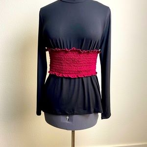 SIMLU Viscose Ruffle Waist XL 10-12 Smock Neck Long Sleeve T-Shirt Black/Wine
